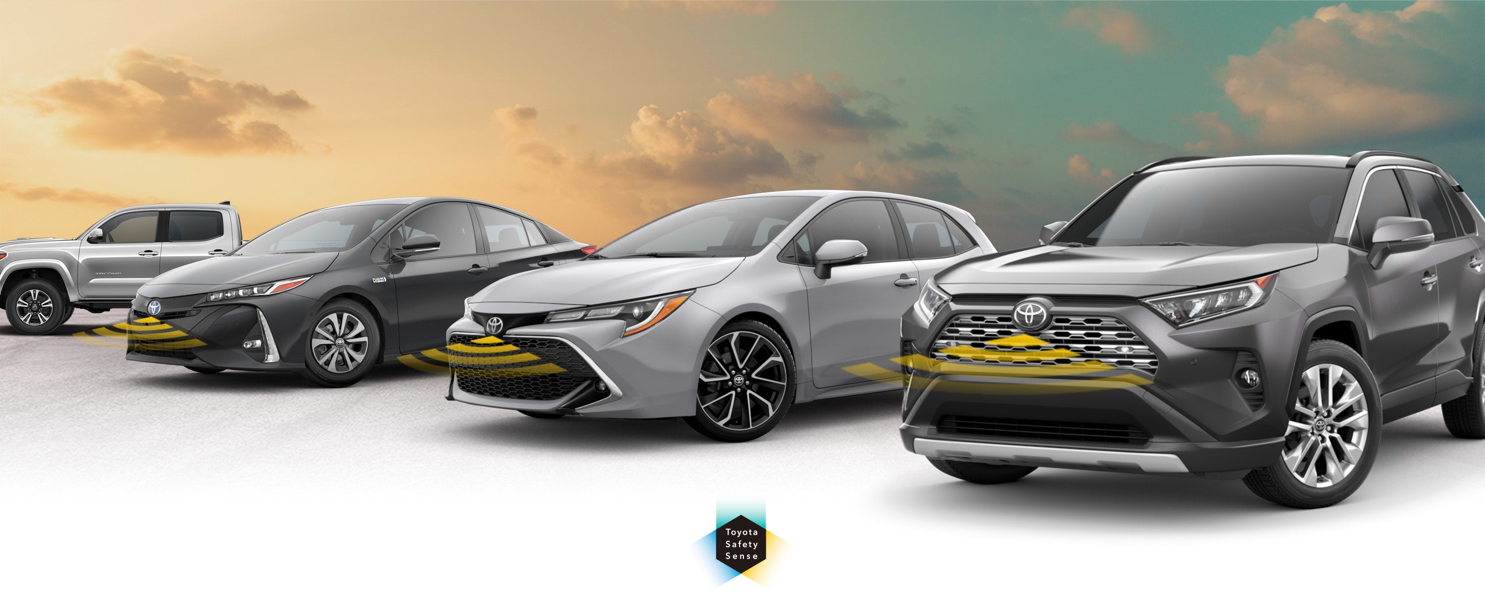 Toyota Safety Sense: Designed for Safety. Options shown on Toyota models including RAV4, Tacoma, and Camry, available now at Wyatt Johnson Toyota in Clarksville TN.