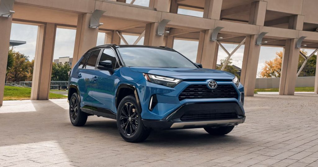 The 2025 Toyota RAV4 in Cavalry Blue and Midnight Black Metallic roof color.