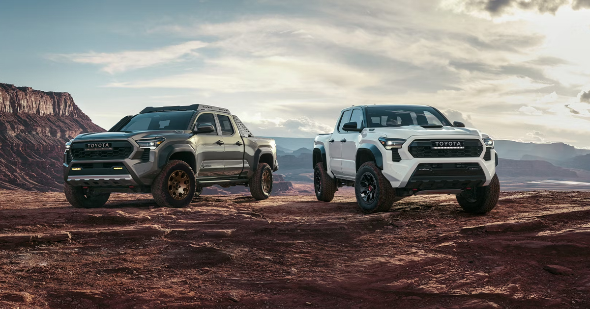 Two Toyota Tacomas parked beside each other off-road in the desert